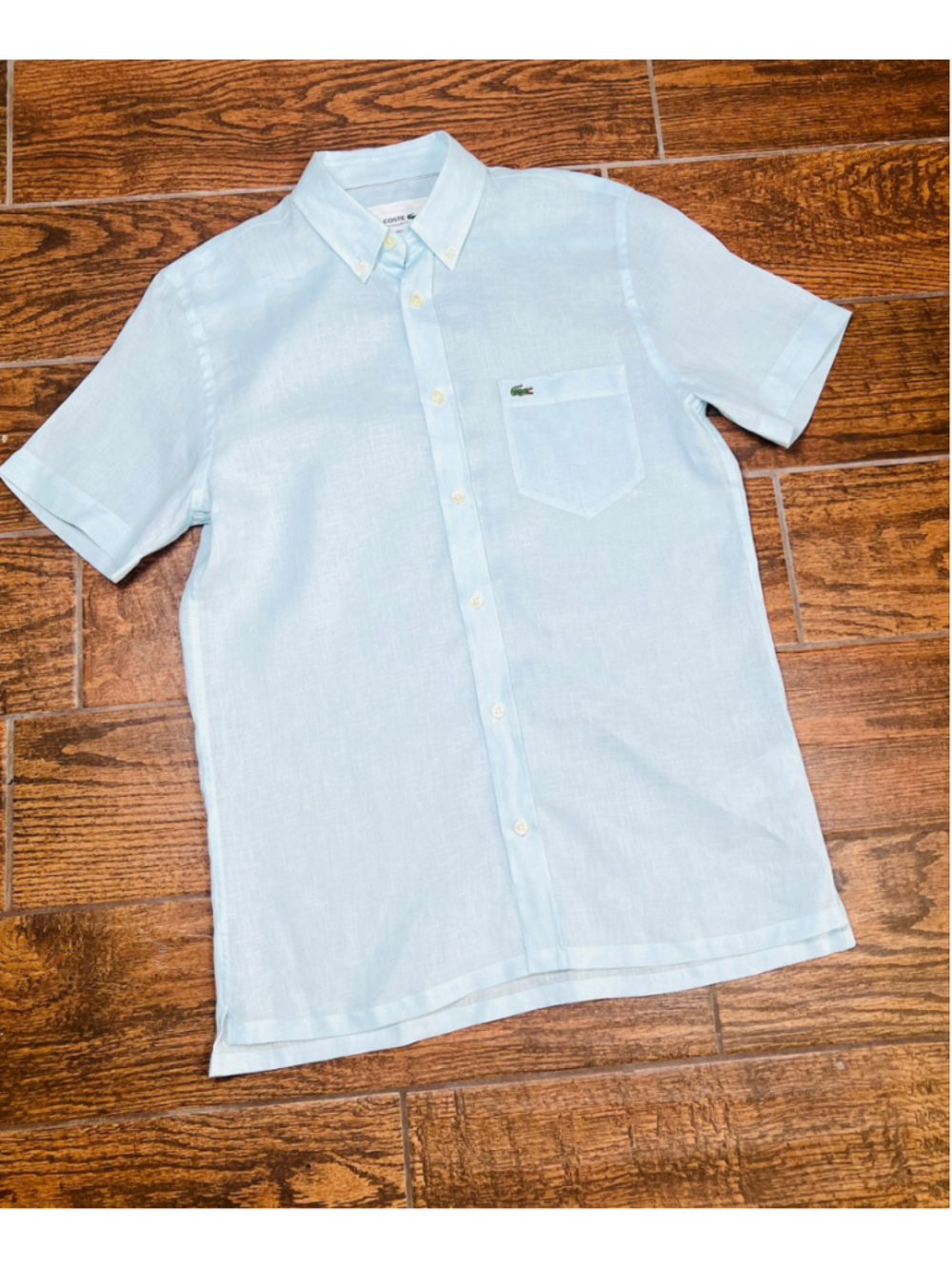 Lacoste Mens Shirt Linen Short Sleeve Button Down Shirt Light Blue Size S - Picture 3 of 5